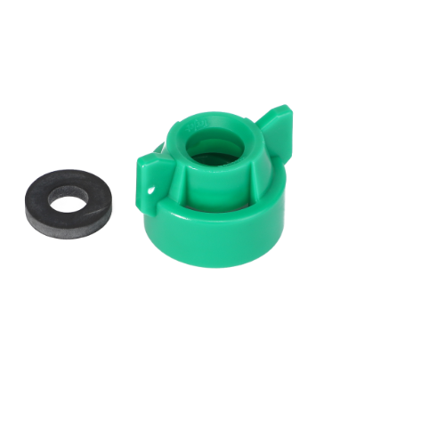 A green plastic AGCO Quick TeeJet Cap (Universal Fit - ACP0484690) with two protruding tabs next to a black washer on a white background. For product questions, please contact support.