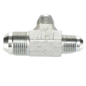 The AGCO ADAPTER - AL5028142 is a metal T-shaped pipe fitting with threaded ends, designed for connecting three sections of pipe or tubing. The current product description information is not available for this item.