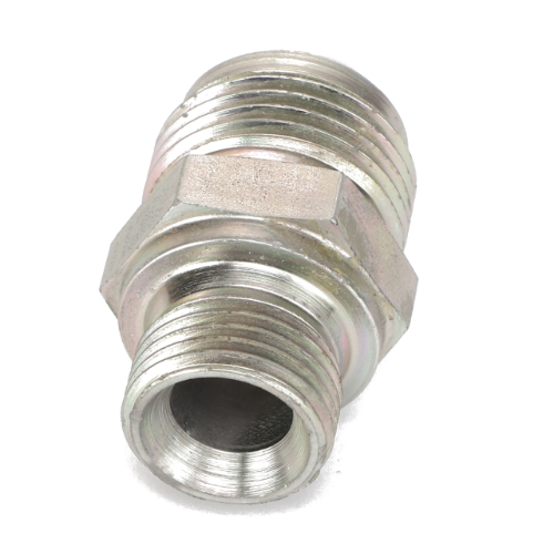 Close-up of the AGCO ADAPTER - AL1120134, a metallic threaded pipe fitting with a hexagonal central section, meticulously engineered by AGCO for seamlessly connecting two pipes.