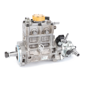 The AGCO Injection Pump - 4226841M91, a high-pressure fuel pump for diesel engines, features intricate mechanical components, precise fittings, and a distinctive yellow top section, making it an ideal choice for Valtra tractors.