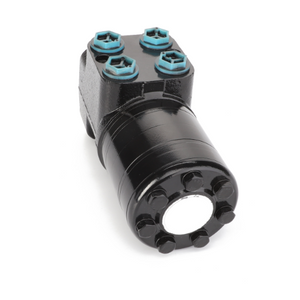 The AGCO | Steering Box - Acw1168790 features a black hydraulic steering control unit with six bolts surrounding a circular port and four blue-capped bolts on top. Current Product Description Information confirms its robust design for optimal performance.