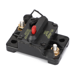 The AGCO | CIRCUIT BREAKER - AG520675 by AGCO is a black automotive circuit breaker with a red reset button, labeled 100A. It features two terminal connections on either side and a mounting base with four screw holes. No current product description information is available for this model.