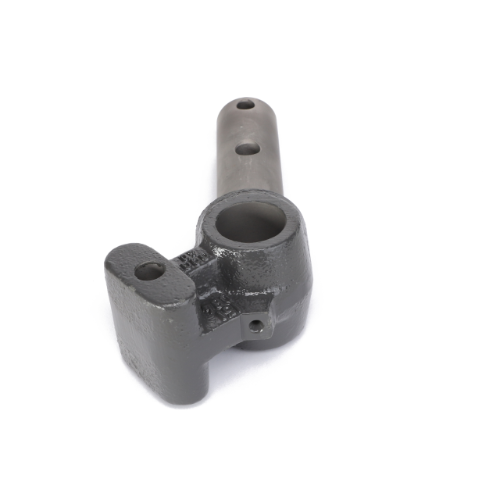 Close-up of the AGCO Spindle - Fel15108409, a metal mechanical component featuring a cylindrical extension and multiple holes, designed for use in machinery or industrial applications. No current product description available.