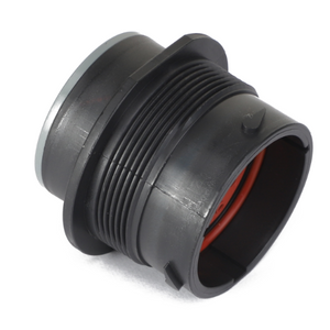 The image shows the AGCO | CONNECTOR - AG521000, a black plastic threaded connector featuring a cylindrical opening and a red internal gasket, displayed on a white background.