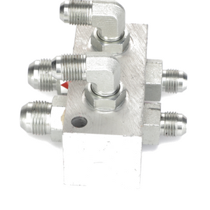 A metal hydraulic manifold, known as the AGCO | DISTRIBUTOR VALVE - AL10550412, featuring four mounted fittings which include two right-angle connectors and two straight connectors. No further product description information is available.