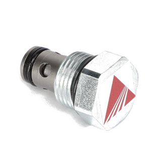 A cylindrical metal component featuring a hexagonal head and a red and white triangular logo corresponds to the AGCO CHECK VALVE - AG714790, although no additional product description information is currently available.