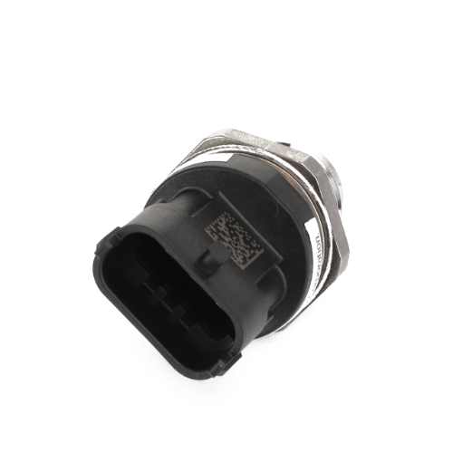 This black and metallic automotive sensor, featuring an electrical connector and cylindrical body, is isolated on a white background. Product Name: AGCO | Pressure Transducer - F530200710740. Brand Name: AGCO.