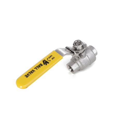 A metal ball valve with a yellow handle labeled "ON/OFF BALL VALVE" lies on a white background. For any questions about ordering the AGCO | BALL VALVE - AG007786 from AGCO, please contact our support team.