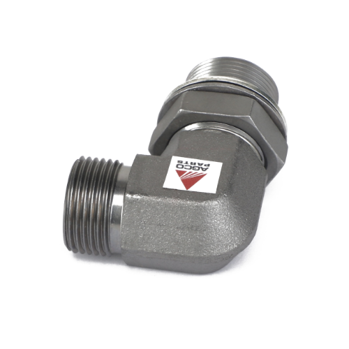 The AGCO Elbow Fitting - Acw1930620 is a metallic 90-degree pipe elbow adapter with threaded connections on both ends, featuring a visible label. No current product description information is available for this item.