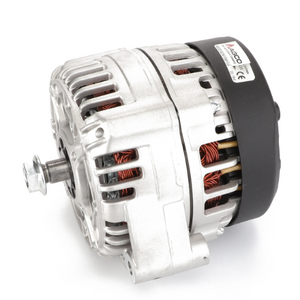 Close-up image of the AGCO Alternator - Acw176815A, highlighting its intricate internal copper wiring coiled inside, with a sleek silver and black design.