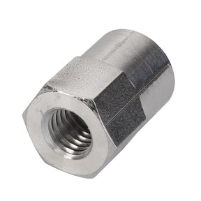 Close-up of the AGCO | Sleeve Nut - Acp0665080, a hexagonal steel coupling nut with a threaded interior, ideal for connecting two threaded rods or bolts. Note: No current product description available for further details.