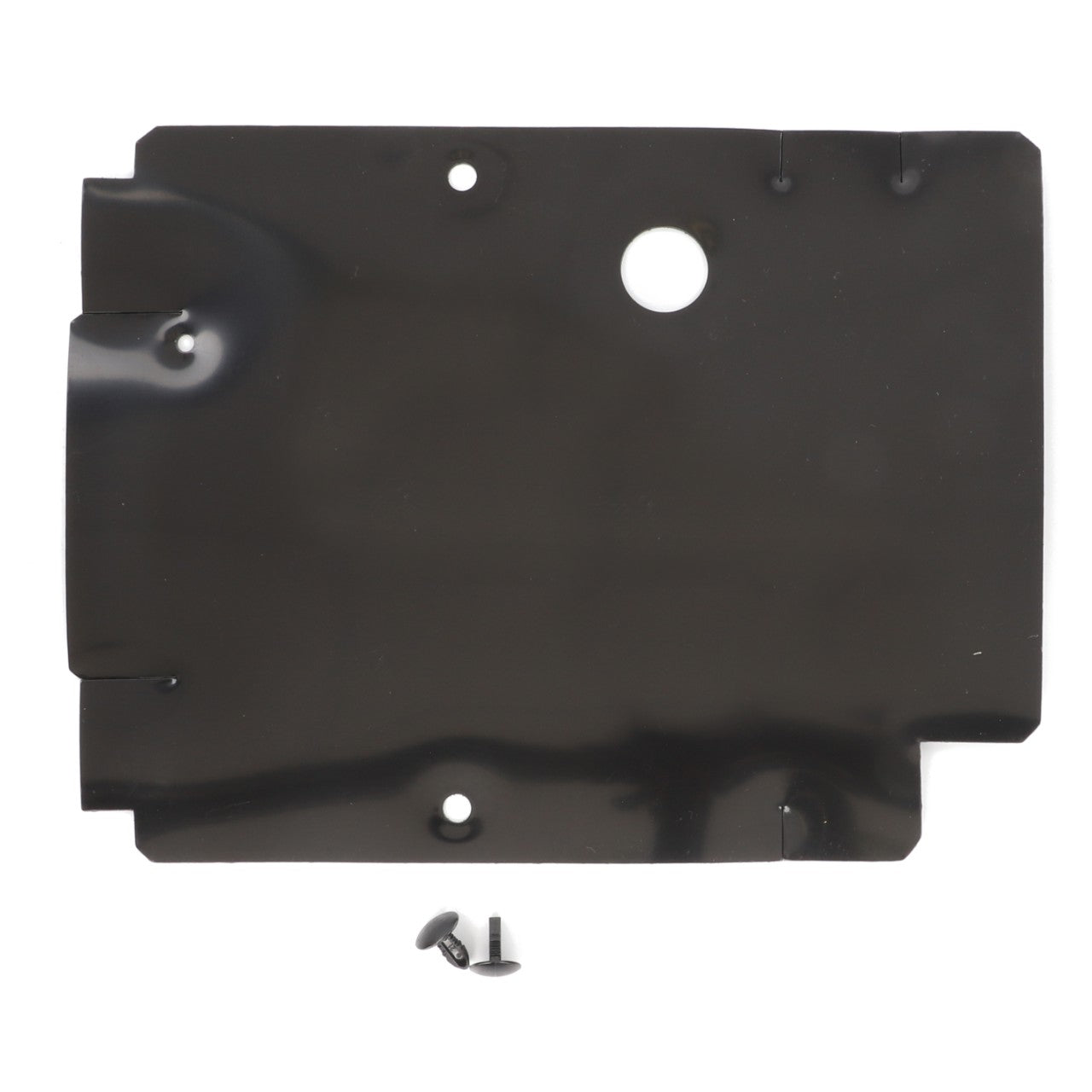 Product: AGCO | Cover, Spring Assembly, Seat - F524500033080
Brand: AGCO

Description: A black rectangular plastic cover featuring a round hole and several notches, accompanied by two metal screws. No current product description available.