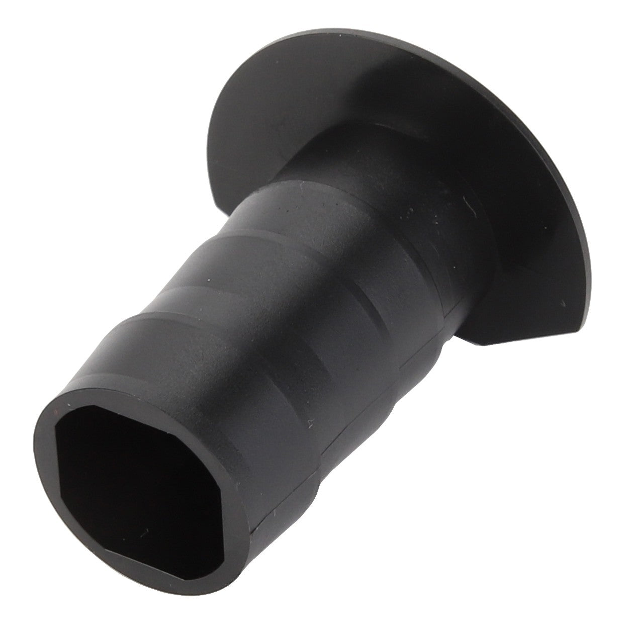 The AGCO Bush - F291500030230 features an angled black plastic nozzle attachment with a hexagonal opening at one end and a flared round base at the other. Please note: No current product description is available for this item.