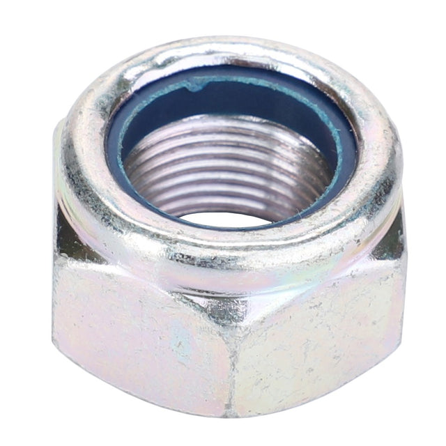 The AGCO Nut - F222301020060 is a hexagonal metal lock nut with a blue nylon insert, currently listed as "No Current Product Description Available.