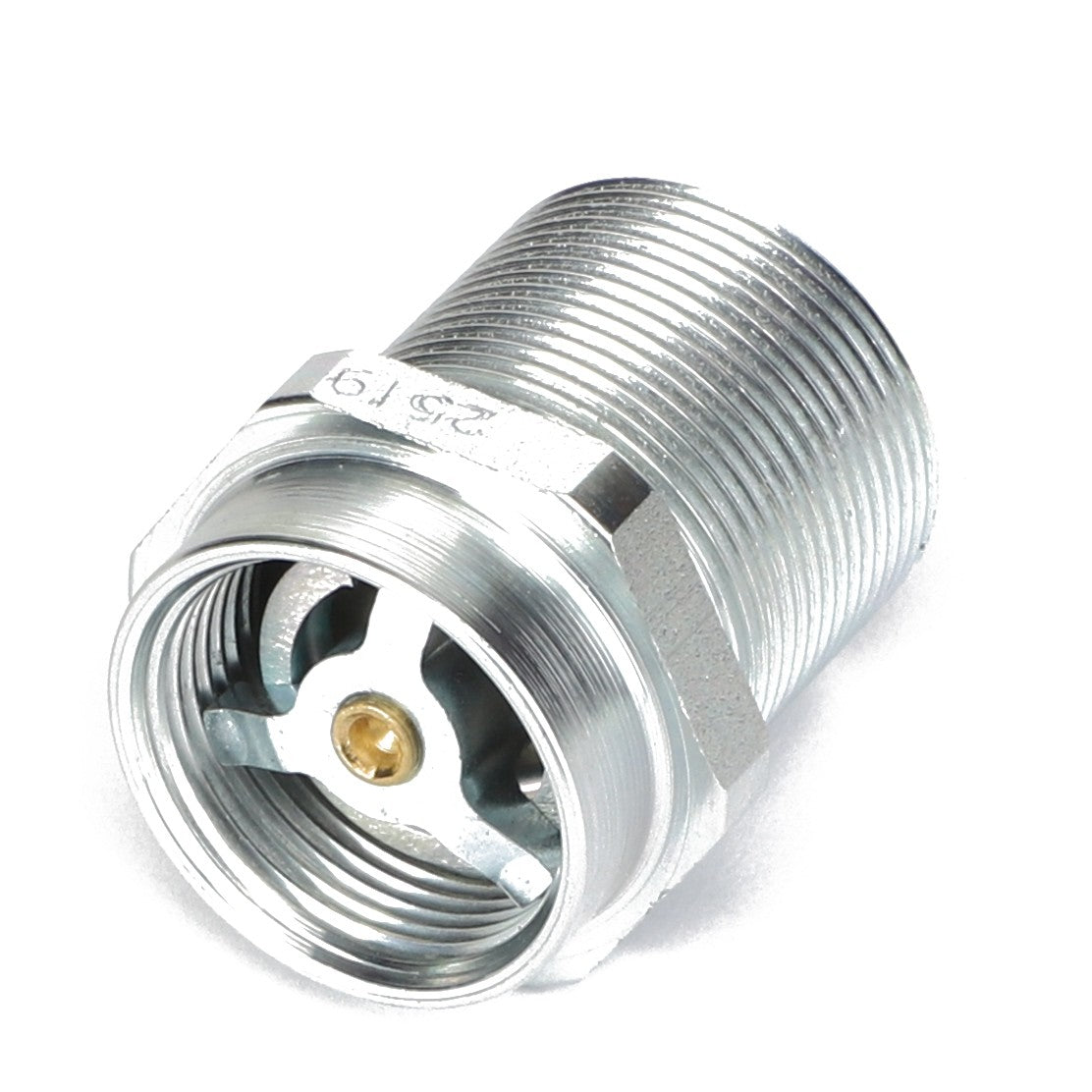 The AGCO Connection - Acw5512350 is a silver-threaded metal connector with a central opening, featuring internal grooves and a small gold-colored component. Currently, no product description information is available for this item.