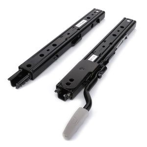 Two black metal sliding mechanisms, likely seat adjustment rails, with one featuring a grey handle. Currently listed as the AGCO Adjustment Rail Set for Operator Seat - F248500033120 from AGCO, but no further product description is available at this moment.