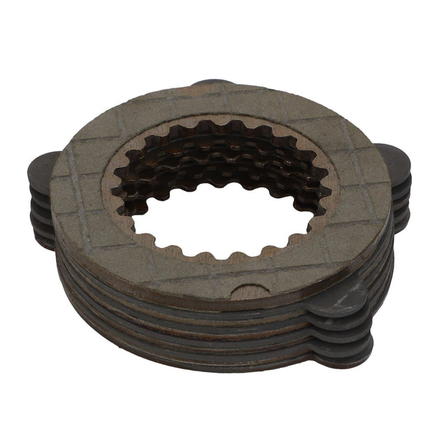 The AGCO | Clutch Disc - 7200460001 is a metal clutch plate stack with grooved circular teeth and interlocking tabs, designed for layered formation in Massey Ferguson models.