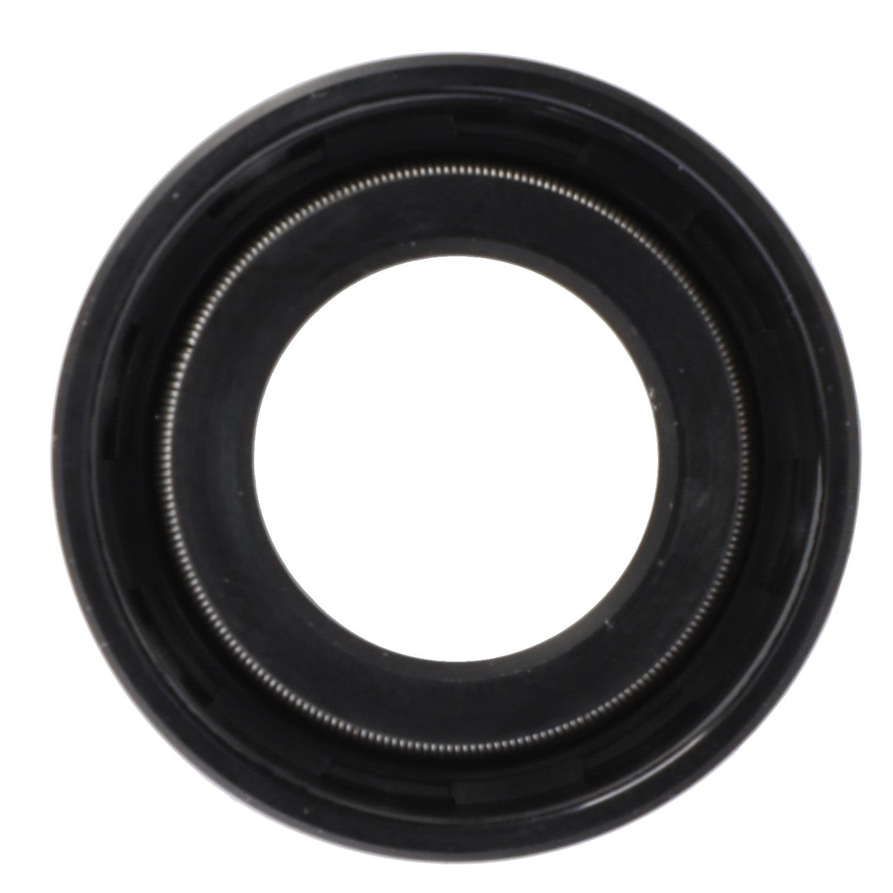 Close-up image of the AGCO Shaft Seal - F138604040290, a black rubber oil seal with an inner metal spring, viewed from the top. This product exemplifies robustness and precision engineering by AGCO.