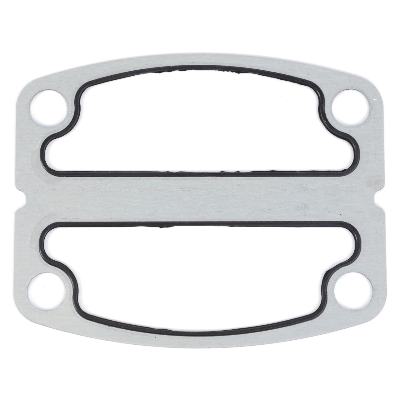 Close-up image of a metallic AGCO Gasket, Water Connection - Acw1796890 with four bolt holes and two rubber seals on either side, designed for a mechanical fitting to ensure maximum sealing performance.