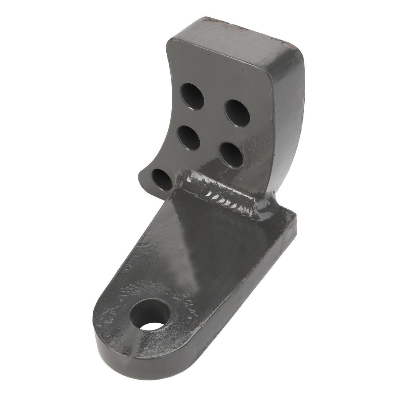 The AGCO Bracket - 112254W91 is a black metal bracket featuring four circular holes on the vertical side and one circular hole on the horizontal base, as detailed in this concise product description.