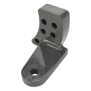 The AGCO Bracket - 112254W91 is a black metal bracket featuring four circular holes on the vertical side and one circular hole on the horizontal base, as detailed in this concise product description.