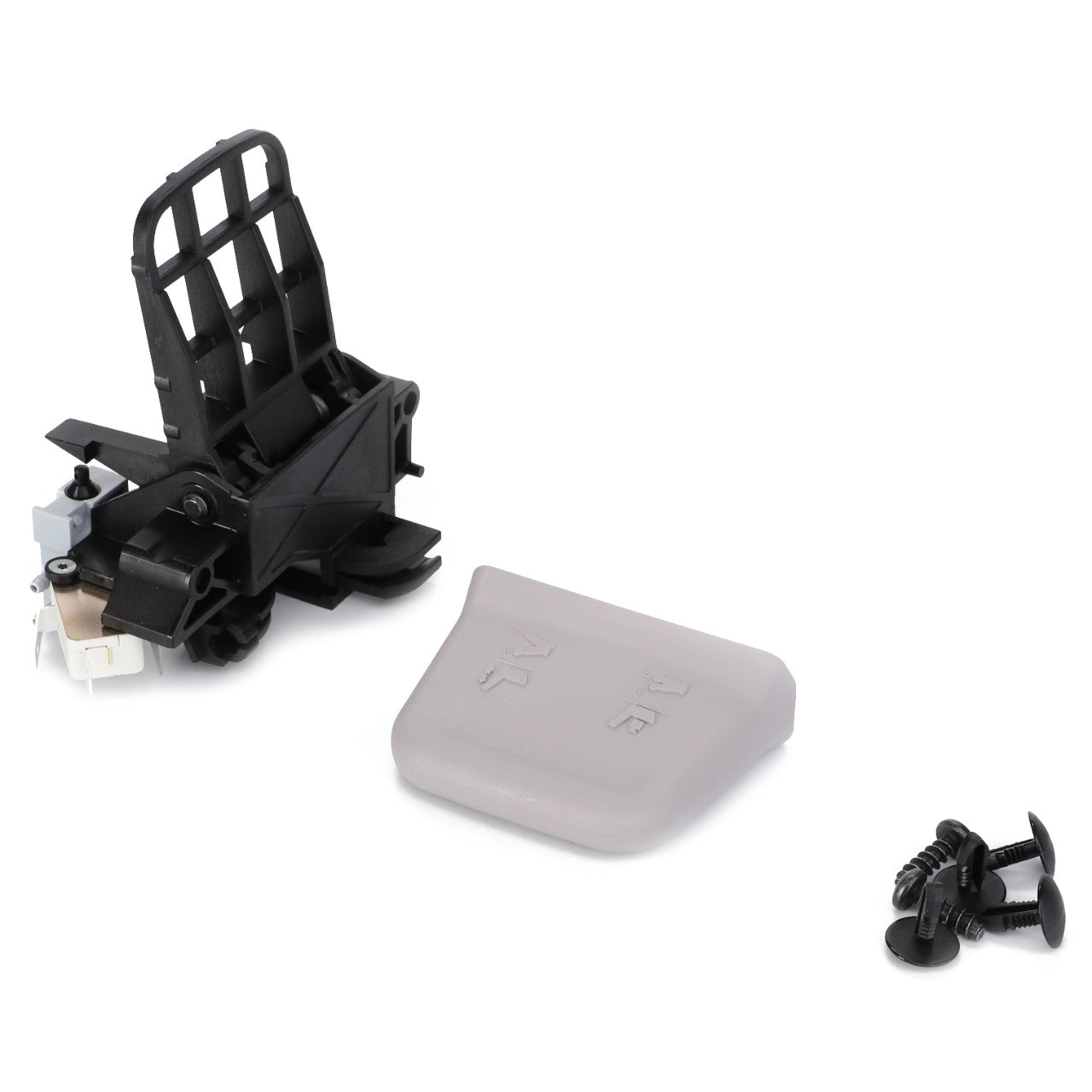 A Handle Assembly for Seats by AGCO (F312500030130), which includes a black plastic housing, a grey plastic cover, and three small black fasteners, displayed on a white background—ideal for those looking to upgrade their AGCO machinery's controls and levers.