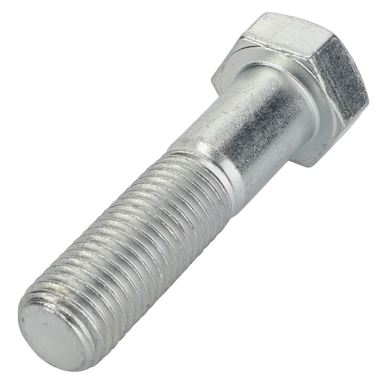 A close-up view of the AGCO | Hexagonal Head Bolt - 3002877X1, featuring a metallic threaded shaft and a hexagonal head, against a plain white background.