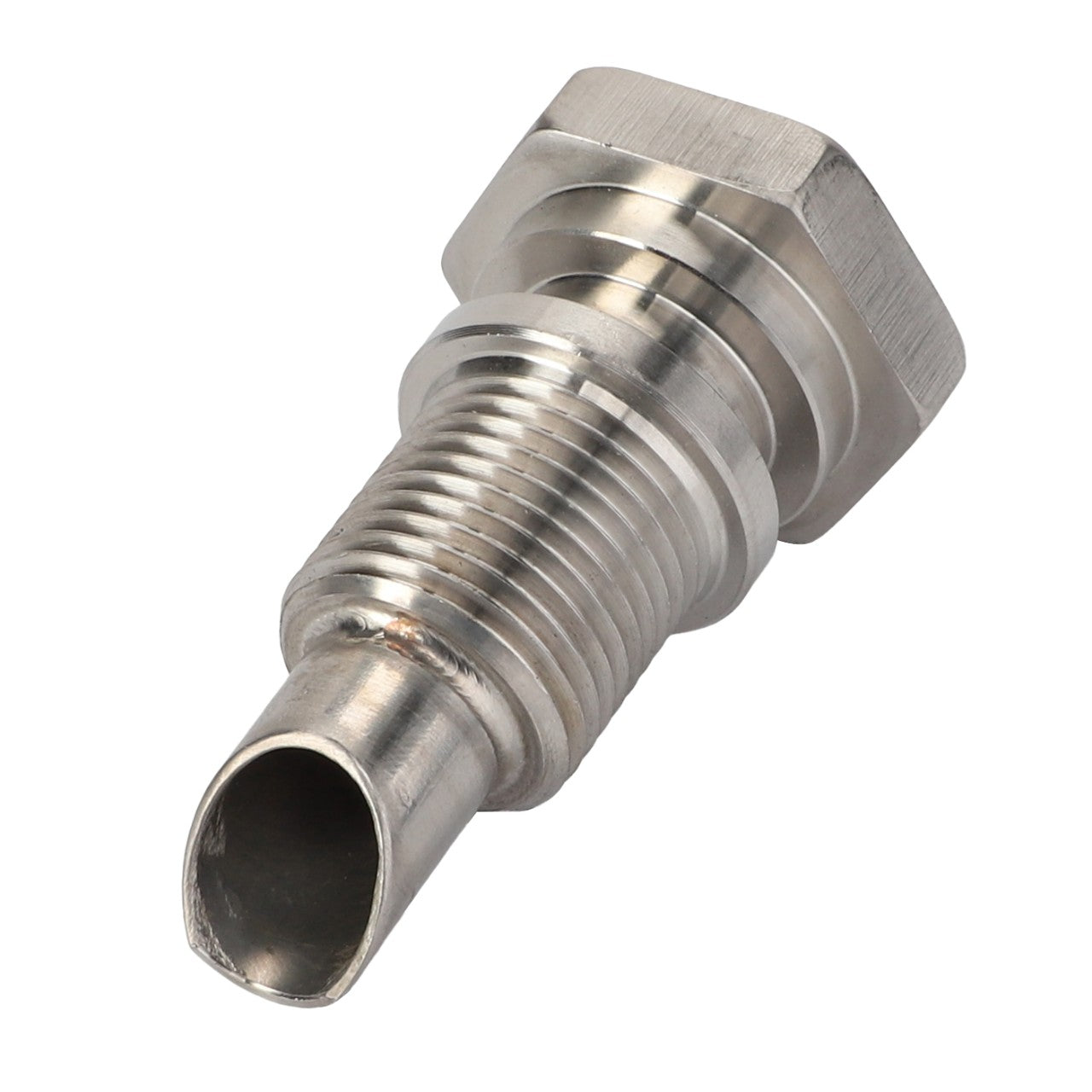 The AGCO | Fitting - Acw1948590 is a stainless steel threaded hose barb fitting featuring a hexagonal head and an extended spout. Currently, no additional product description information is available.