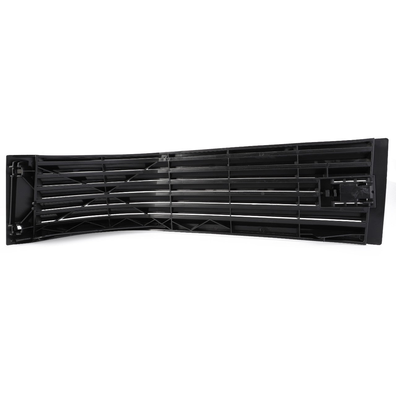 Black, rectangular side cab frame grille with horizontal slats and a curving design, viewed from above. Features AGCO Parts Genuine Grilles - G716810010031 for added protection against contaminants.