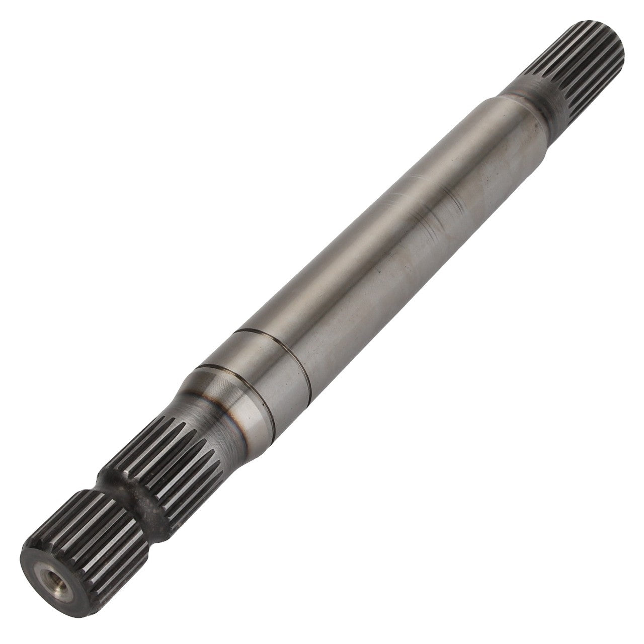 The AGCO Shaft - Acp0384470, a metal splined shaft with teeth on both ends designed for mechanical applications, is displayed on a white background. No current product description available.