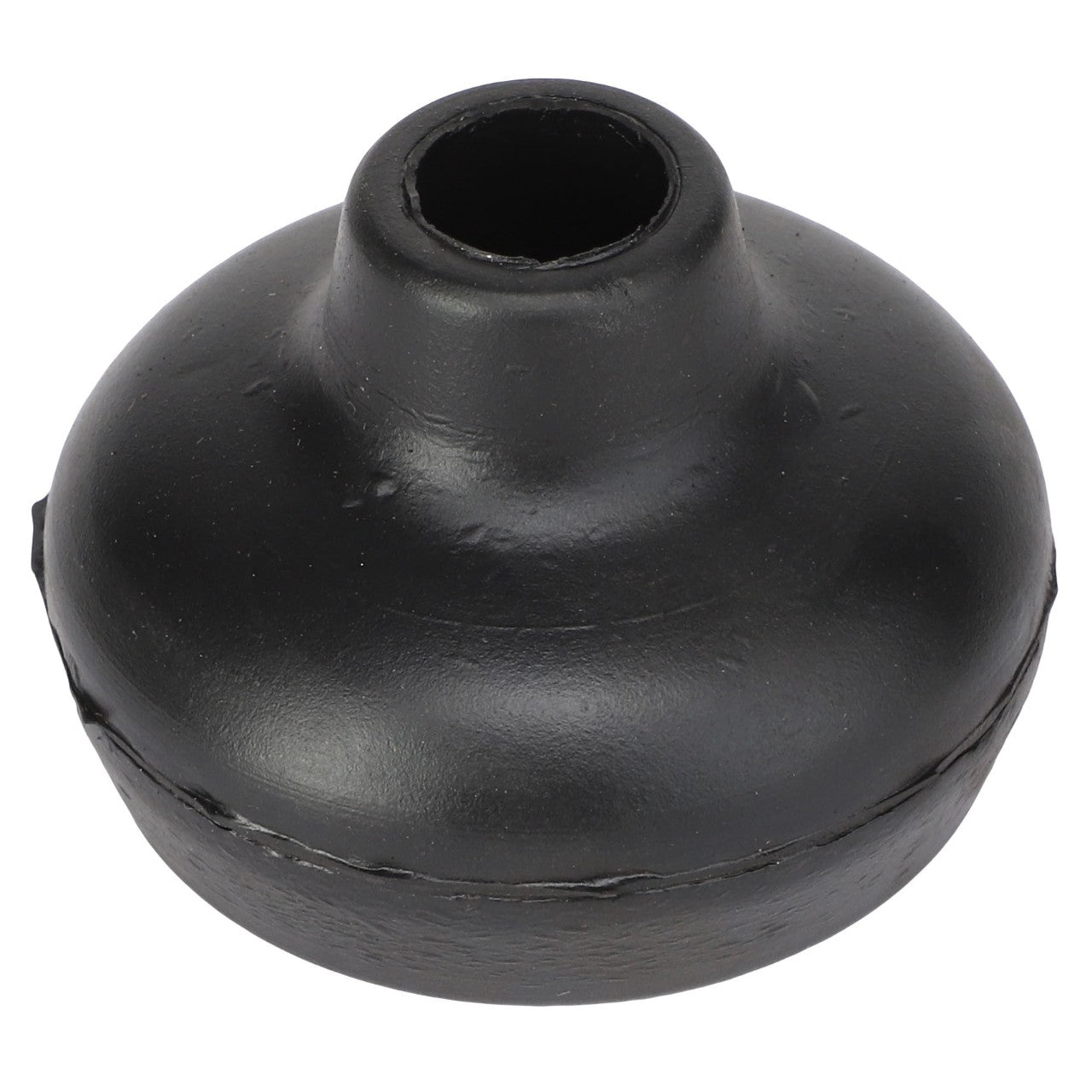 The AGCO | CAP - UT225 by AGCO is a black rubber stopper, dome-shaped with a flat bottom and a hollow center, designed to plug or seal openings.