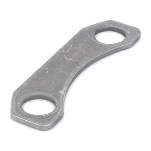 The AGCO Spacer - 816301080300 is a metallic bracket featuring two circular holes and an elegantly curved design, making it suitable for various Massey Ferguson models.