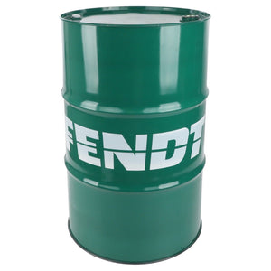 A green metal drum with the word "AGCO" written in white capital letters on its side, containing high-performance Fendt Extra Grade 15W-40 hydraulic oil.