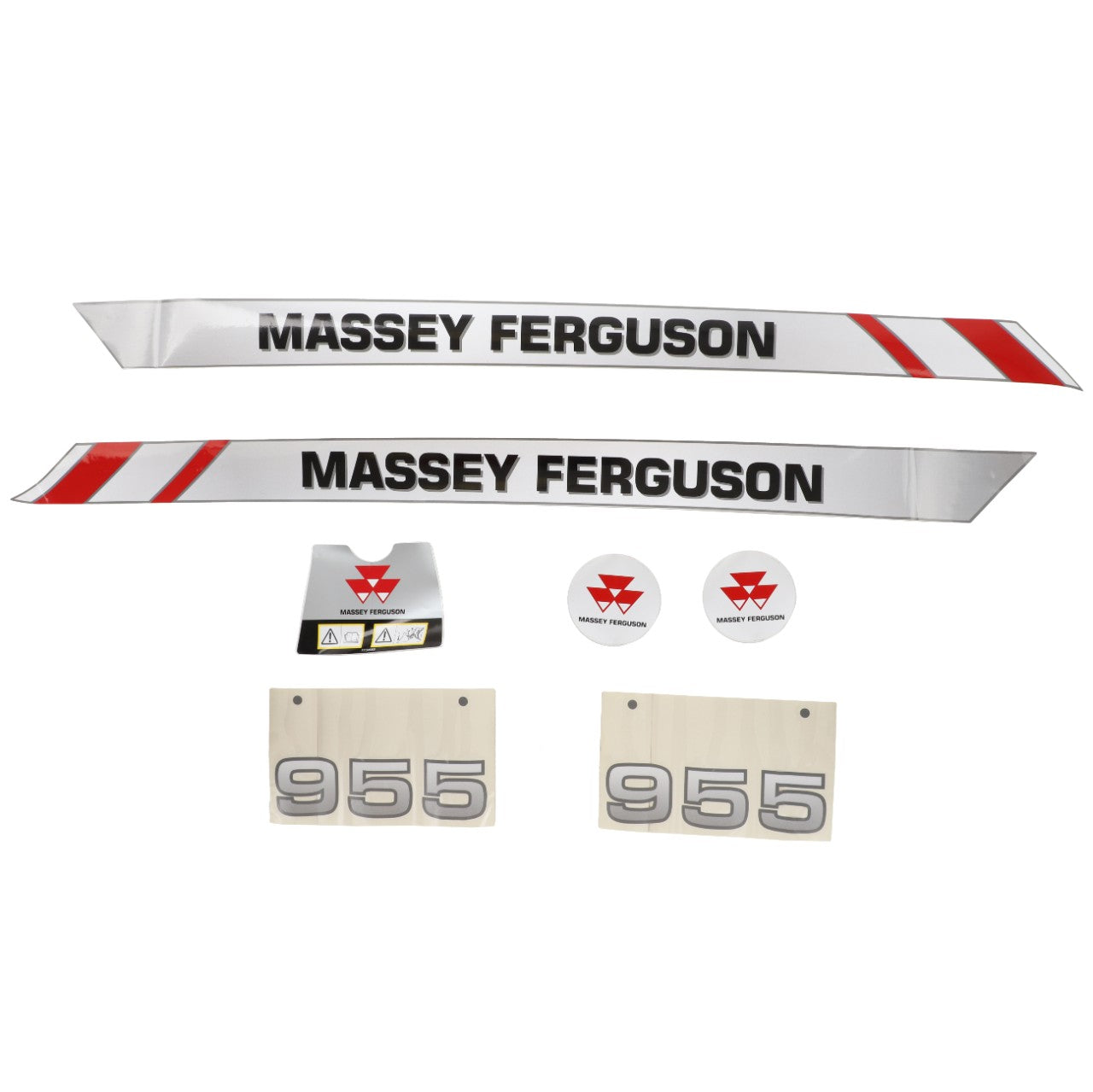 A comprehensive decal kit for the Massey Ferguson 955 Front Loader, featuring name labels, logos, cautionary labels, and number tags by AGCO Parts (Product Name: AGCO | Decal Kit, MF 955 Front Loader - AL11133960), designed for long-lasting performance in agricultural engineering.