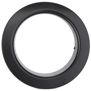 The AGCO Bracket Trim, Lighting, Front - 4290838M1 is a circular, black metal ring with a smooth finish and a small notch on one side, designed for minimal maintenance and crafted to AGCO Parts Genuine standards.