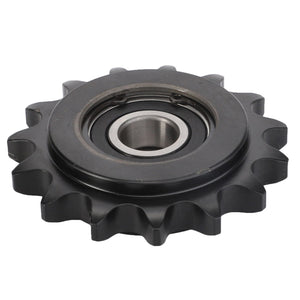 Close-up of the AGCO TENSIONER PULLEY - ACY1560850, a black metal spur gear with a central bearing and evenly spaced teeth around its circumference. No product description needed for appreciating its precise engineering.