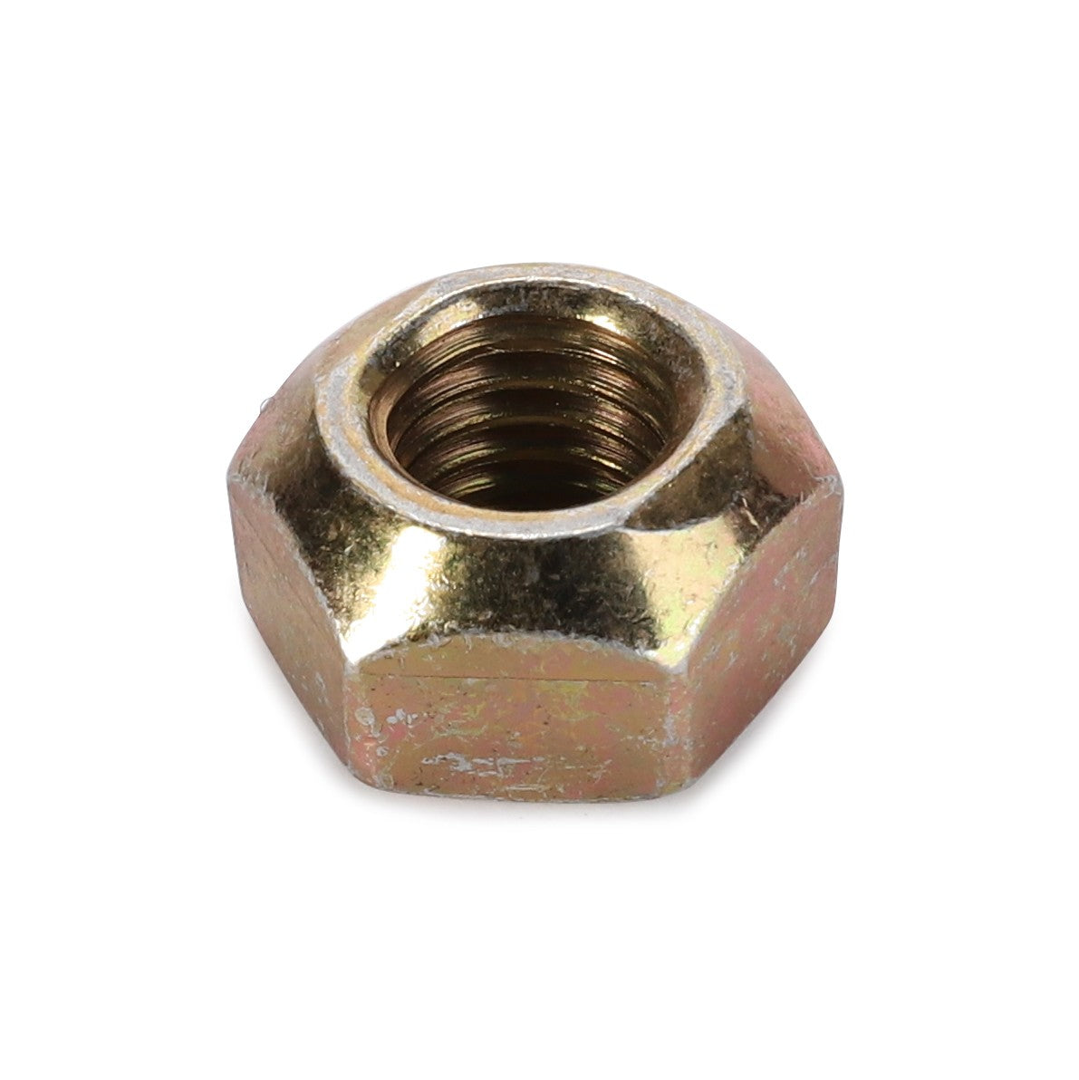 Close-up of a weathered brass AGCO LOCKNUT - D46150138 with internal threading, featuring a worn and slightly tarnished surface.