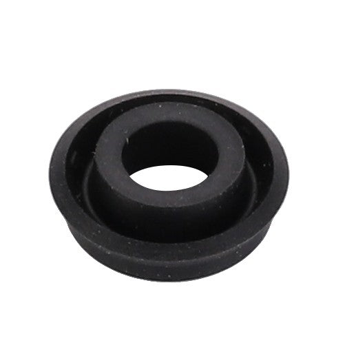 A rubber grommet in black, featuring a circular shape and a central hole designed for the protection or insulation of wires passing through metal panels, is compatible with various Massey Ferguson models under the name AGCO | Bearing Cup - 3105346M1 by AGCO.