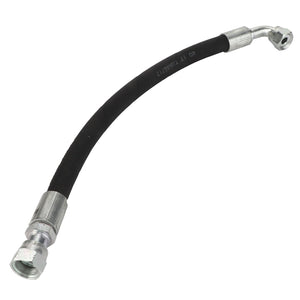 Image of the AGCO Hydraulic Hose - Acw3799000, a flexible black hose featuring metal fittings on each end. One fitting is straight, while the other is angled. Additional product description information is currently unavailable.