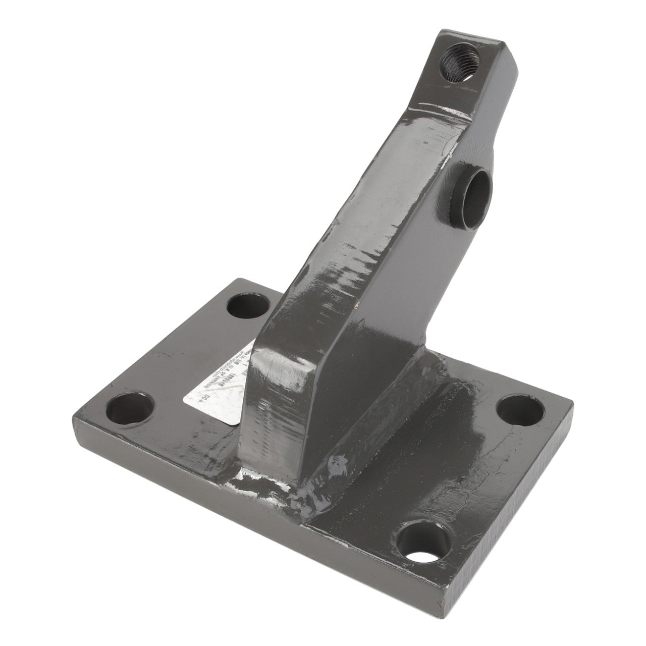 The AGCO | BRACKET, RIGHT HAND - D46150593 is a metallic bracket that includes a flat base with four holes and a vertical arm with one hole, making it ideal for industrial or mechanical applications. No information is available on SEO keywords.