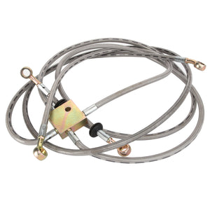 A coiled metal braided hose with attached metal fittings and a central rectangular brass connector piece, known as the AGCO | HOSE - ATV1502-015 from the brand AGCO. No current product description information is available.