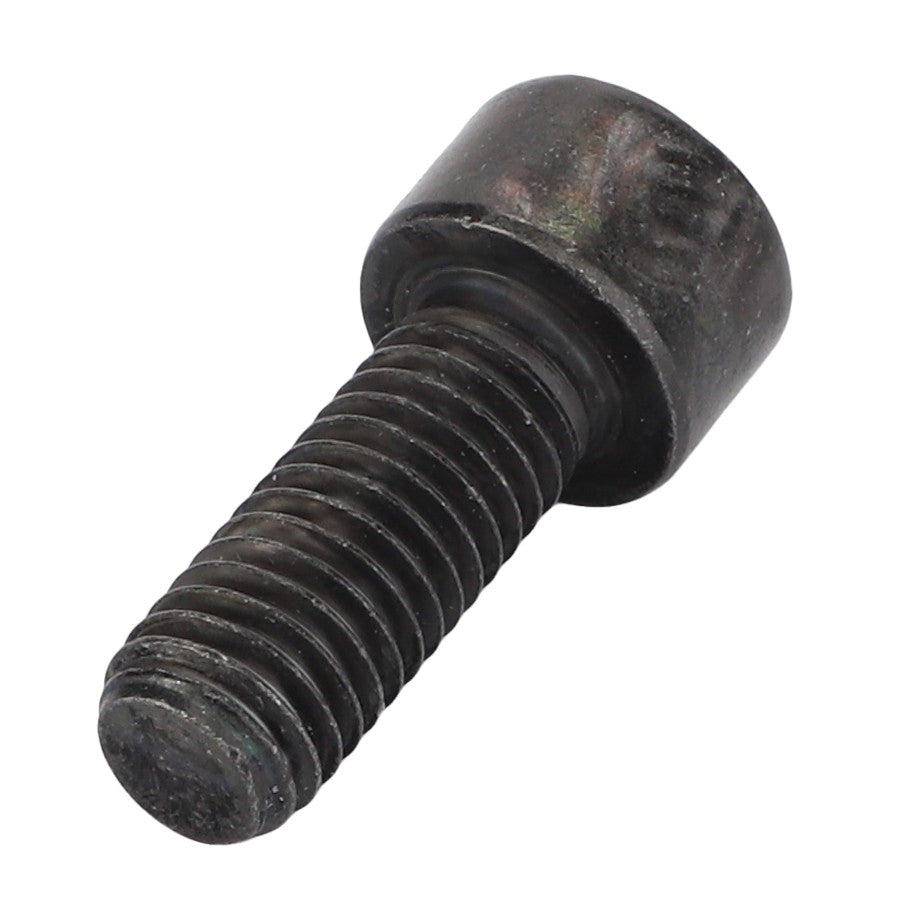 Close-up of a single black metal hex socket head cap screw with visible threading and cylindrical head, reminiscent of the precision found in components like the AGCO Socket Head Setscrew - Acw0996380.