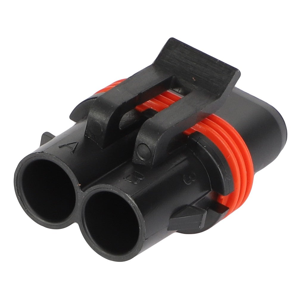 The AGCO | SOCKET TERMINAL - AG520227 is a black, two-pin electrical connector with red sealing rings and a top locking mechanism. Currently, there is no additional product description information available.