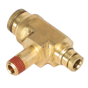 The AGCO TEE FITTING - AG137815 is a brass T-shaped plumbing connector featuring three threaded ends, with one end having red sealant applied. Currently, there is no additional product description information available.