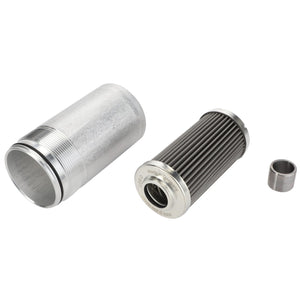 The AGCO Hydraulic Filter Cartridge - Acp0483000, a disassembled metal housing with a cylindrical filter element and small spacer, is renowned for its impressive dirt holding capacity and is essential for maintaining the efficiency of AGCO hydraulic components.