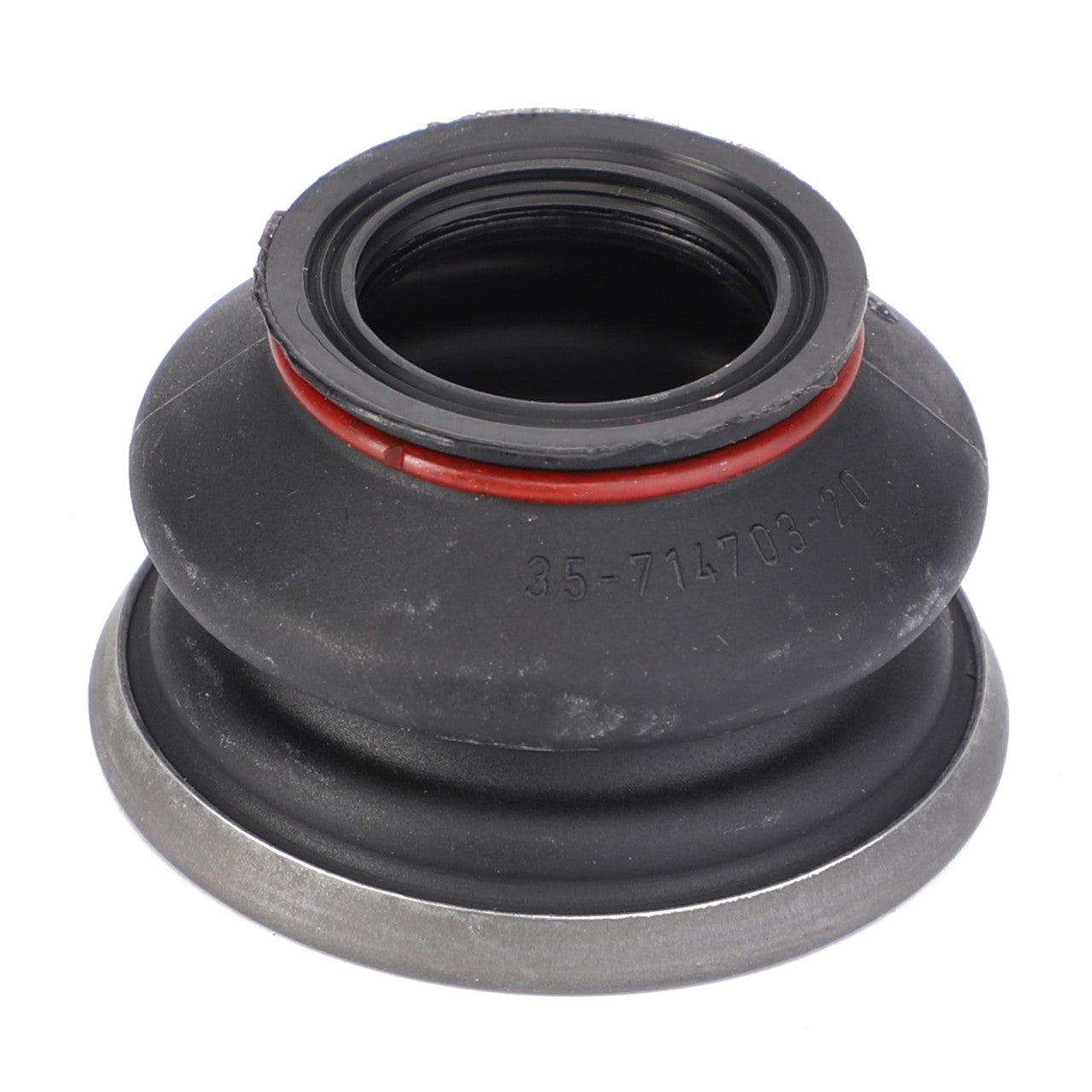 The AGCO Dust Boot - F385300100030 is a black rubber gasket with a red inner ring and a metal base, stamped with the number "35-714706-10".