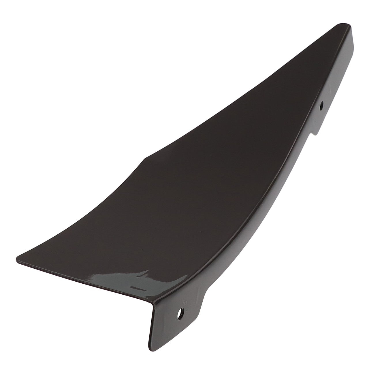 The AGCO | Left Hand Deflector - Acw0704100 by AGCO is a sleek, black, curved metal bracket equipped with two screw holes, designed for sturdy mounting or reliable support.