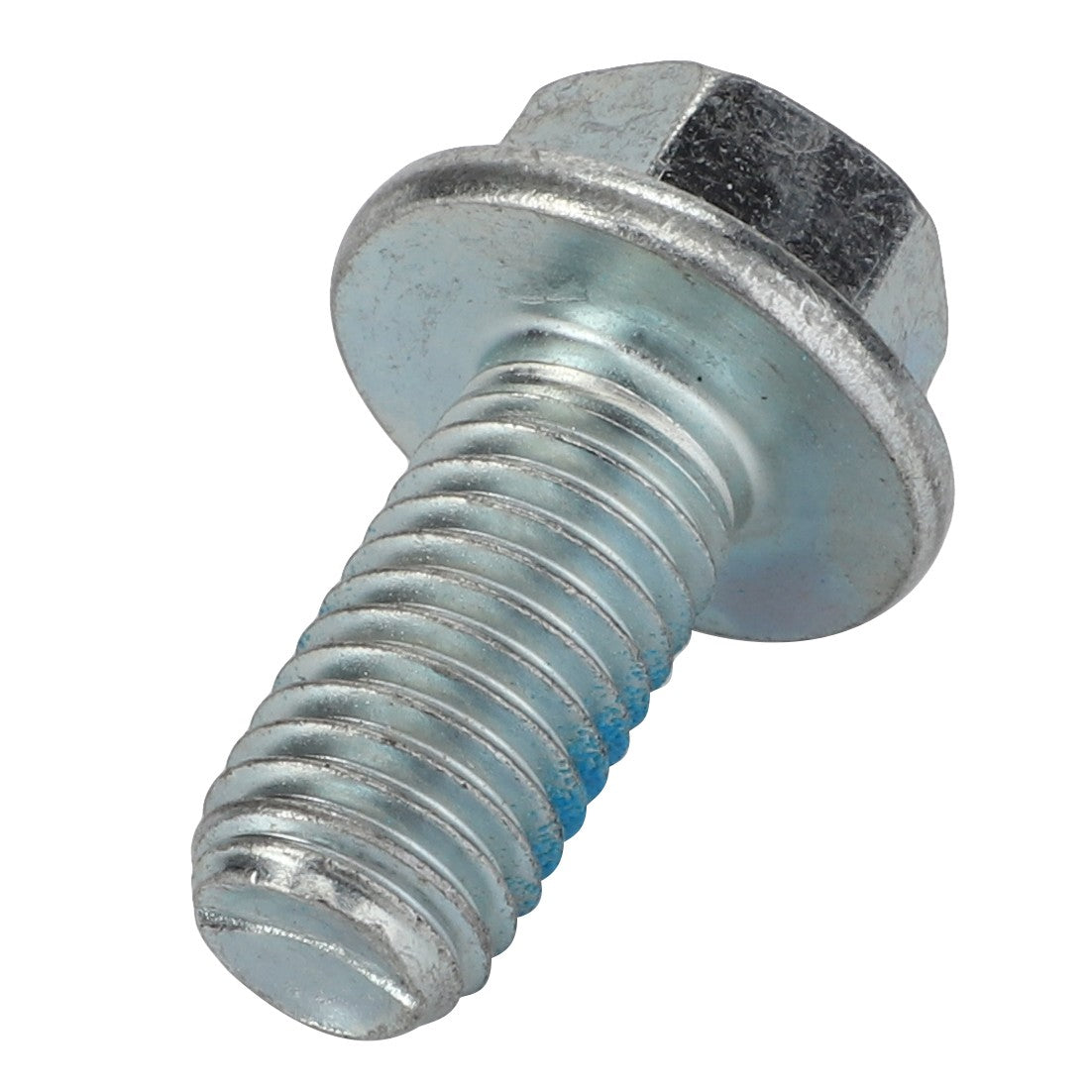 A close-up image of the AGCO Hexagonal Head Bolt - 9-1114-0018-2, shown in silver with blue thread sealant applied to the lower threads. Ideal for Massey Ferguson or Fendt machinery, the bolt features a hexagonal head and a partially threaded shank.