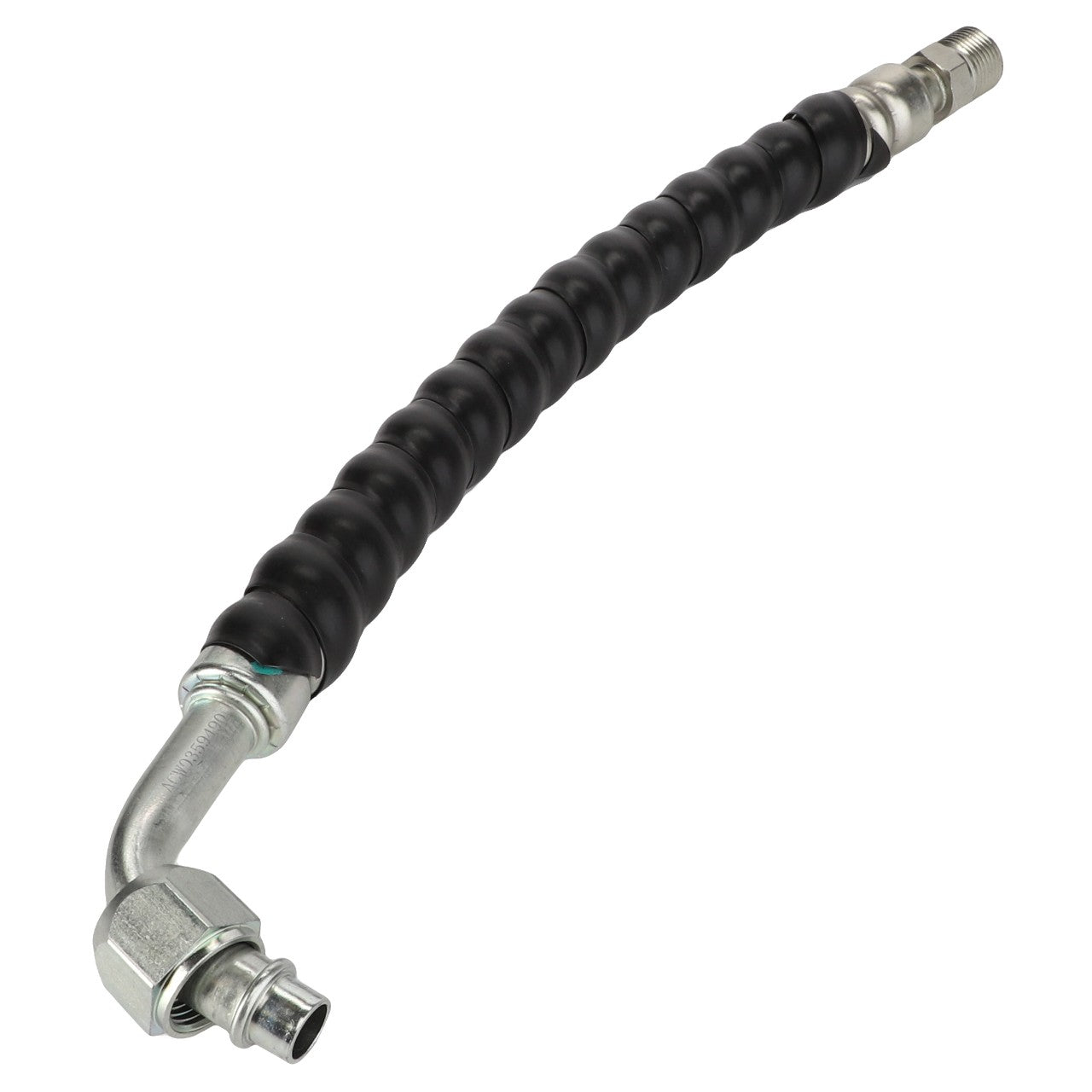 The AGCO | Hose - Acw0359490 from AGCO is a flexible black hydraulic hose featuring metallic connectors on both ends, with one straight and one curved. No current product description information is available.