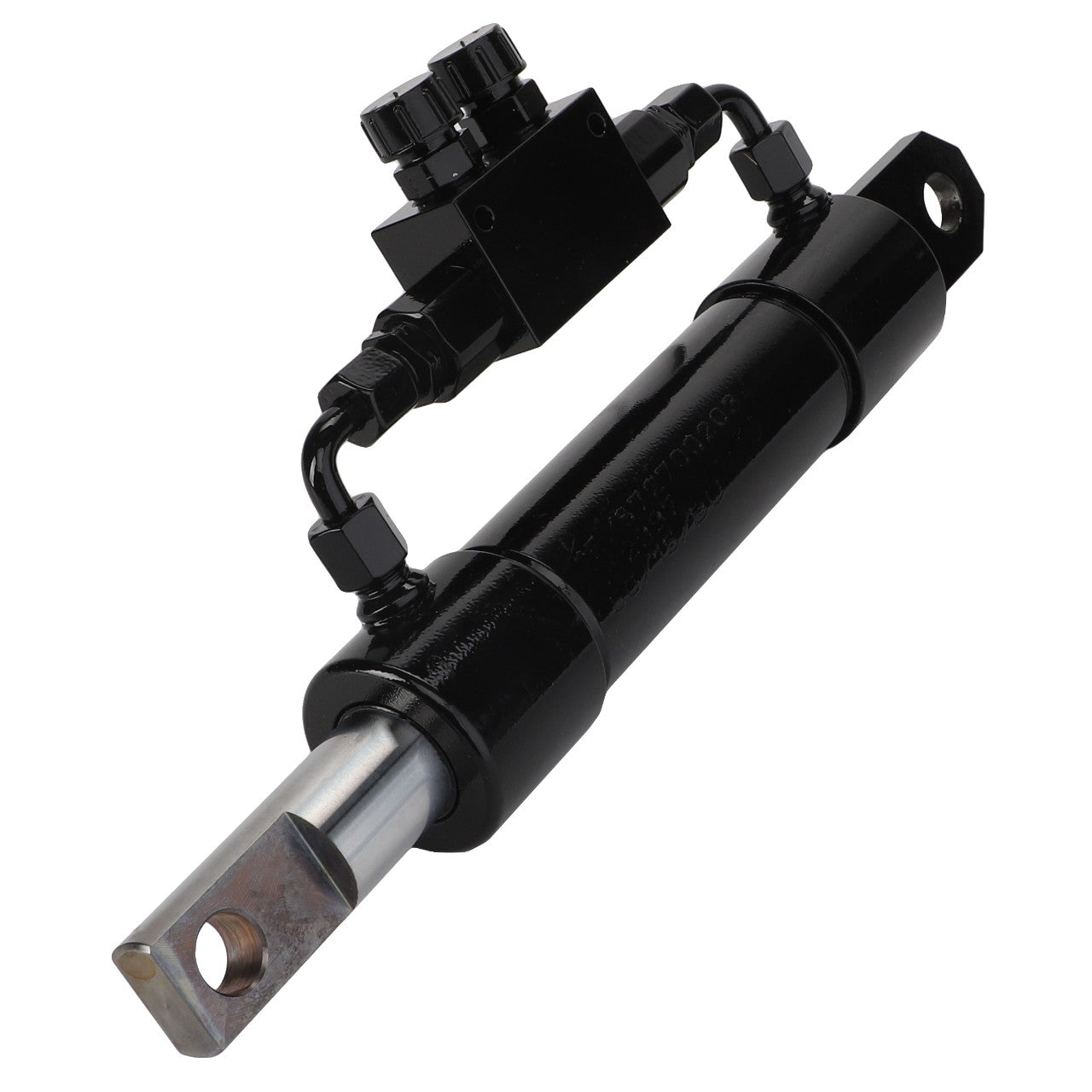 Introducing the AGCO | Hydraulic Cylinder - Fel152997: a black hydraulic cylinder with two adjustment knobs and connecting hardware on top. No current product description available.